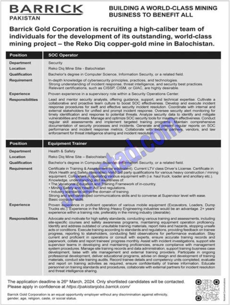 Latest Barrick Gold Corporation Jobs in Quetta
