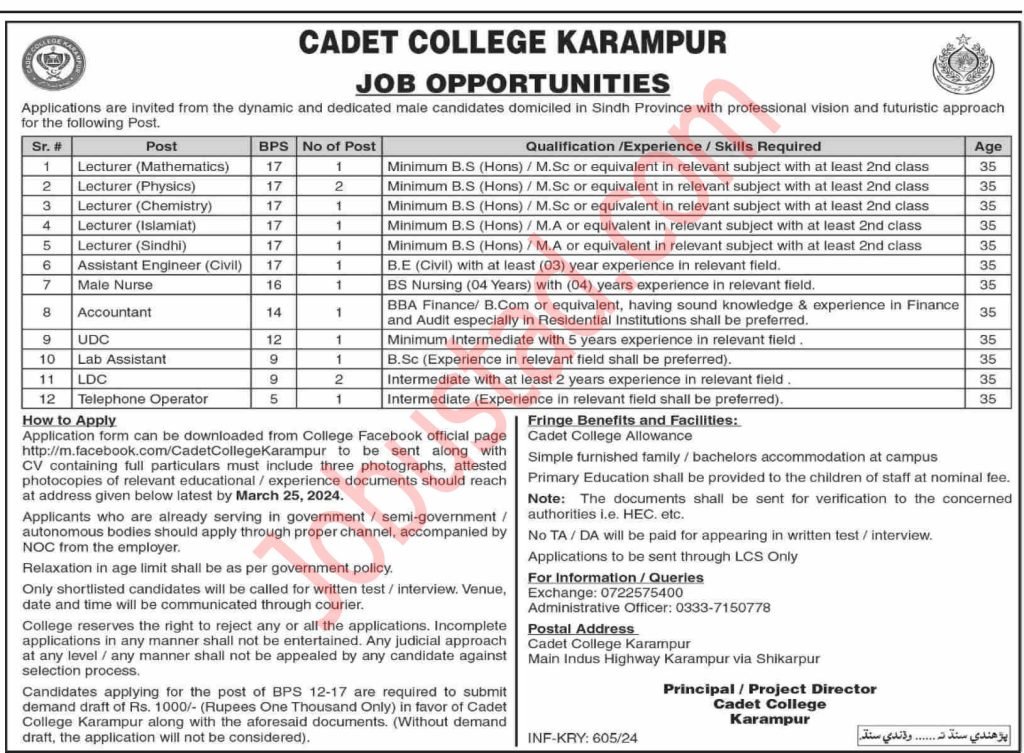 Latest Cadet College Jobs in Karampur