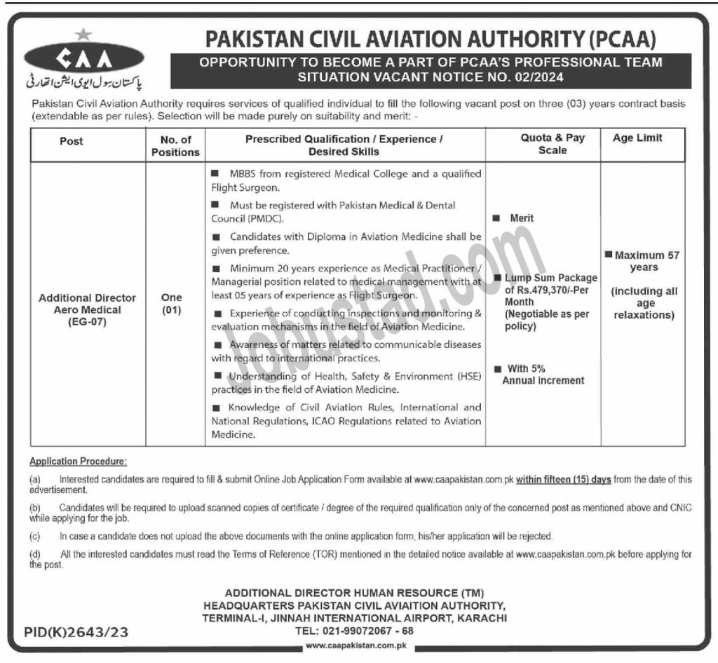 Latest Pakistan Civil Aviation Authority PCAA Jobs in Karachi