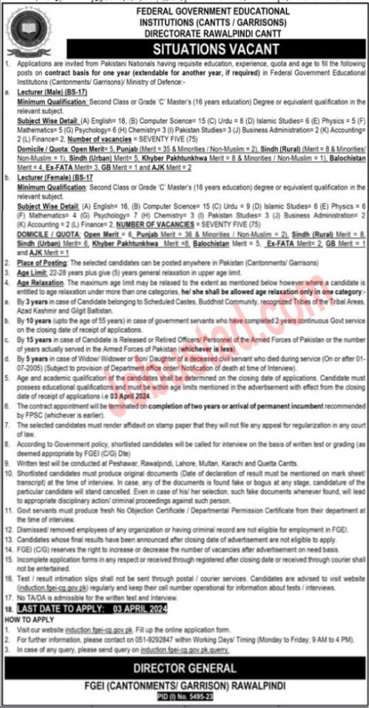 Latest Federal Govt Educational Institution Jobs in Rawalpindi 