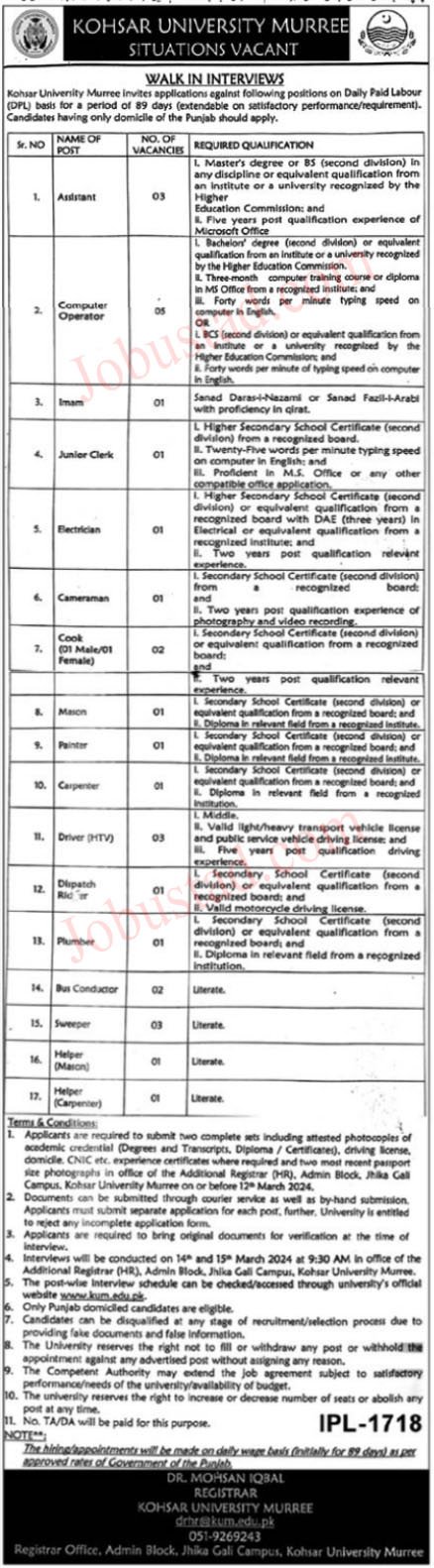 New Kohsar University Jobs in Murree