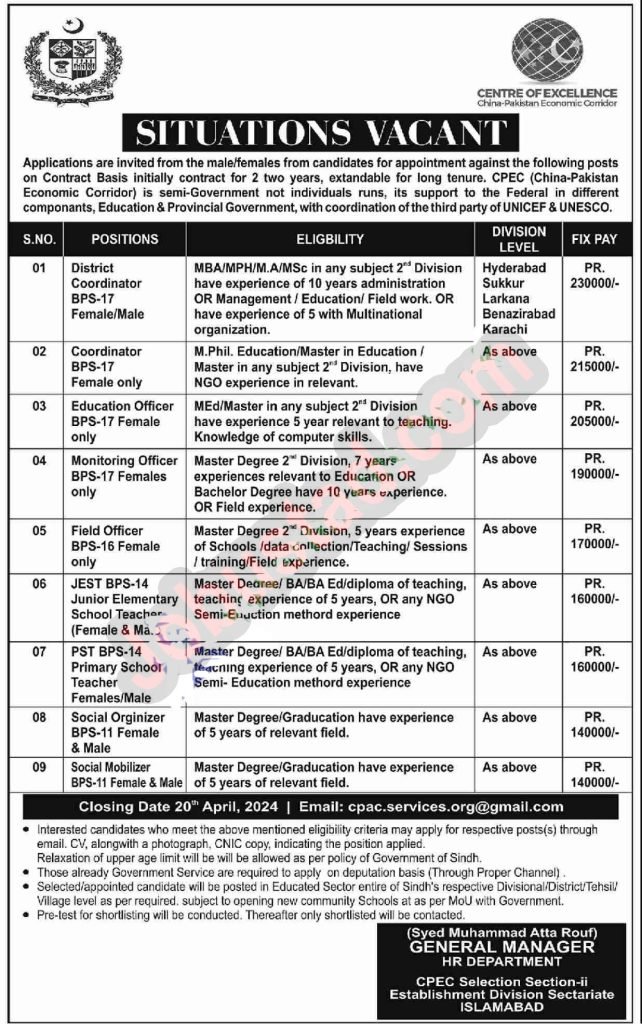 Latest Pak China CPEC Project Jobs in Islamabad 