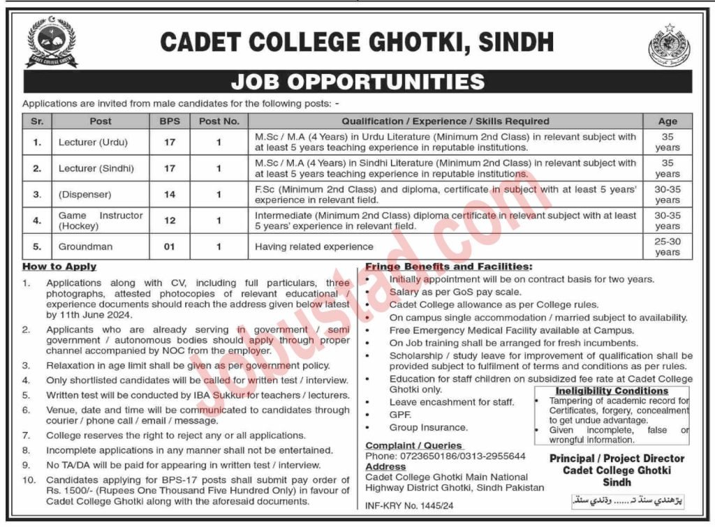 New Cadet College Ghotki Jobs May 2024 