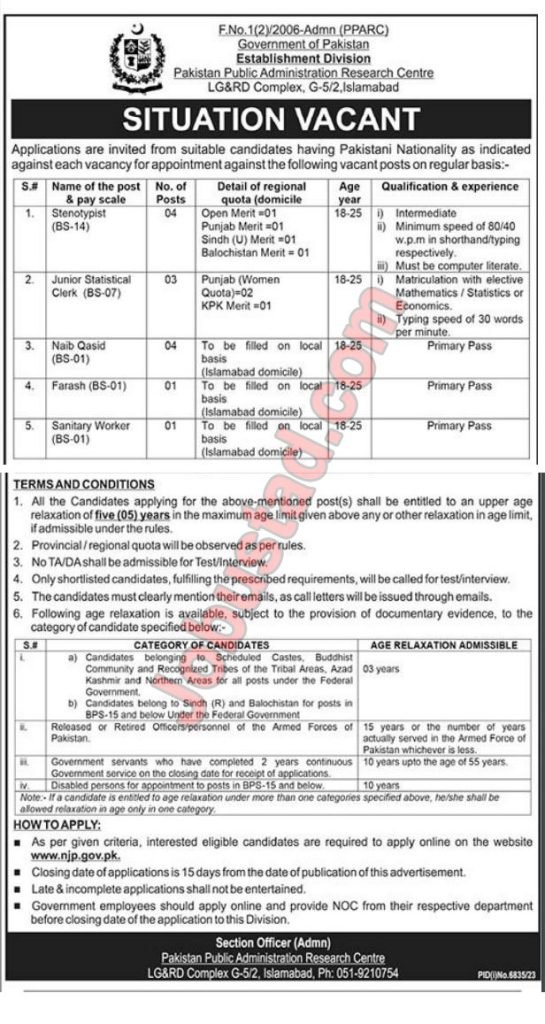 Establishment Division Govt of Pakistan Jobs in Islamabad May 2024