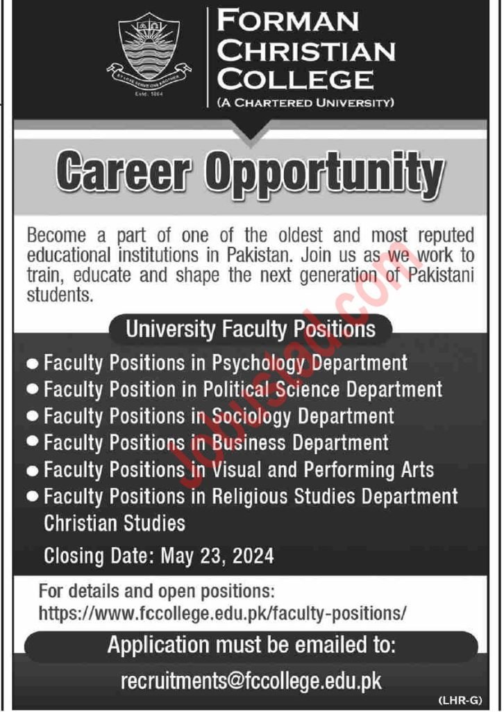 New Forman Christian College Jobs in Lahore May 2024
