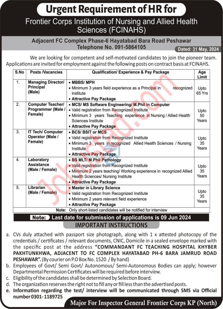 Latest Frontier Corps Institution of Nursing & Allied Health Sciences Jobs in Peshawar June 2024