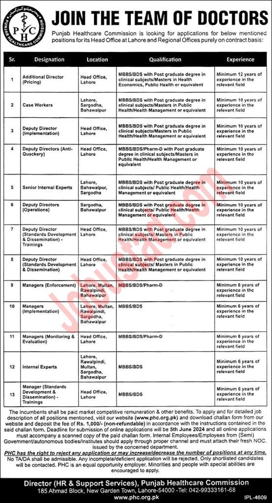 Jobs in Punjab Healthcare Commission PHC Lahore May 2024