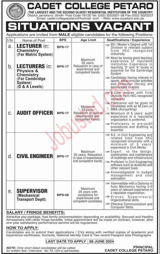 Latest Cadet College Petaro Jobs June 2024