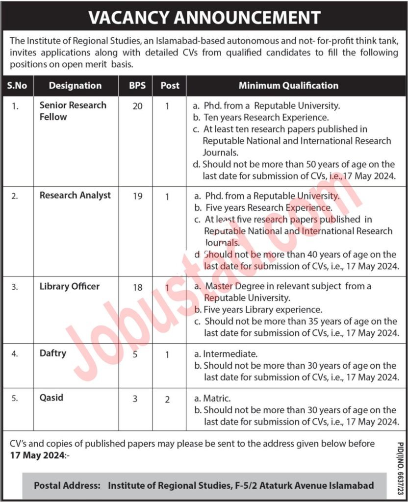 Latest Institute of Regional Studies Jobs in Islamabad May 2024 