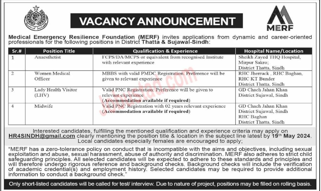 Latest MERF Jobs in Thatta May 2024