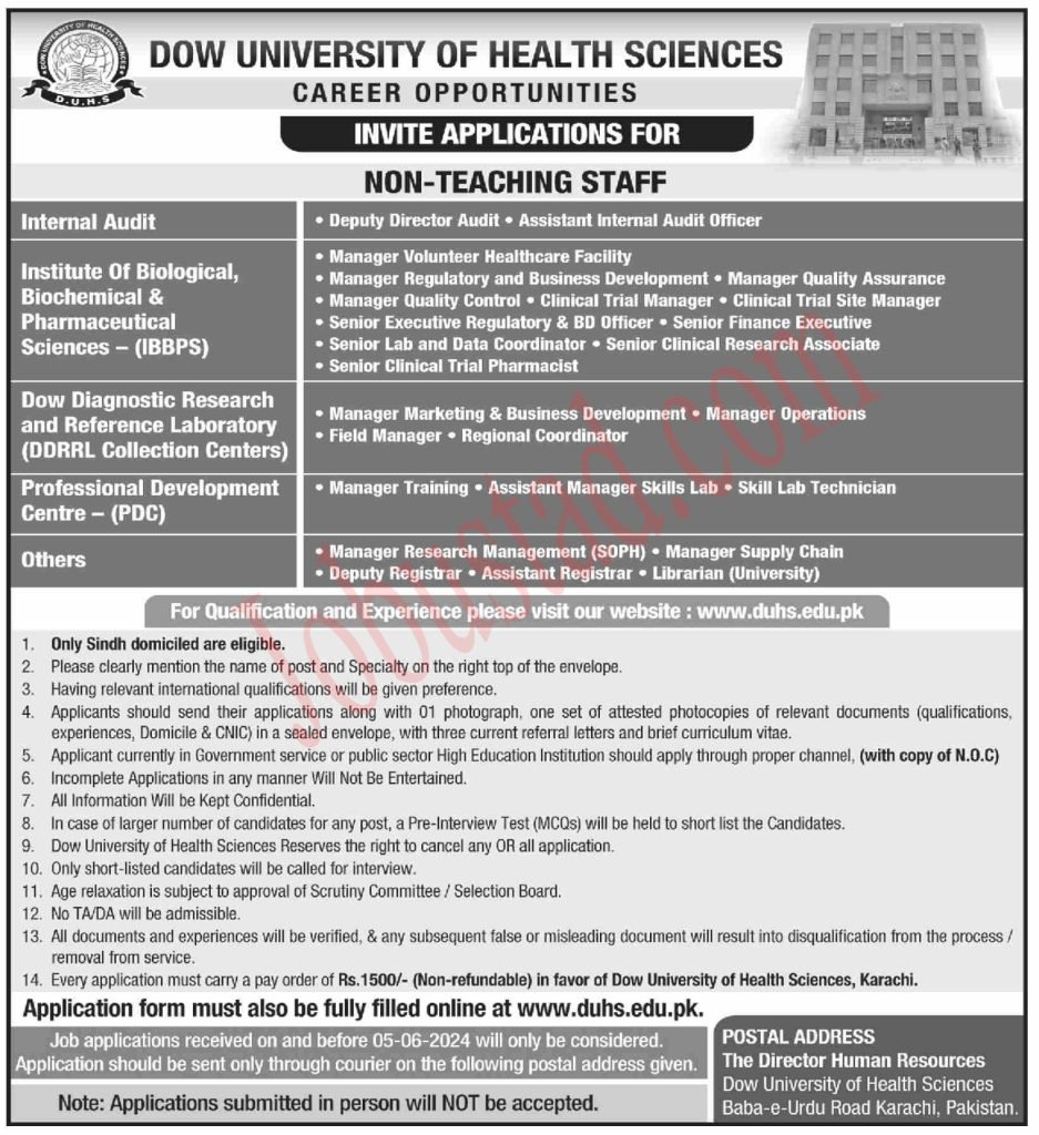 Latest Non Teaching Staff Jobs in Dow University Karachi May 2024