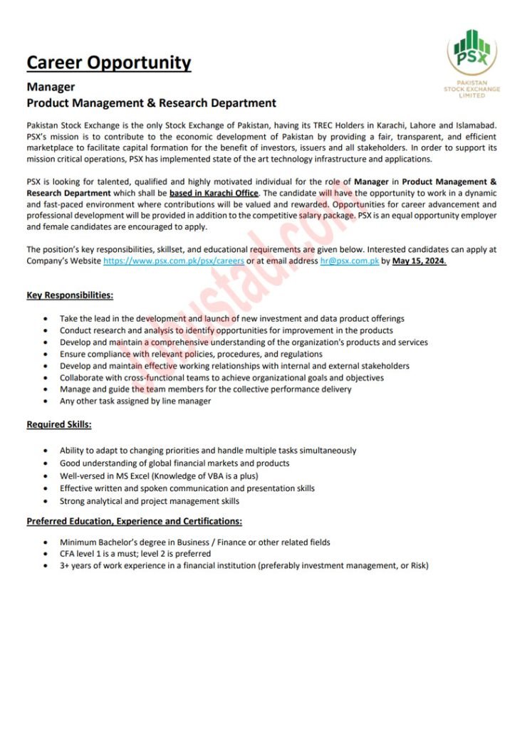 Latest Pakistan Stock Exchange Jobs in Karachi May 2024 