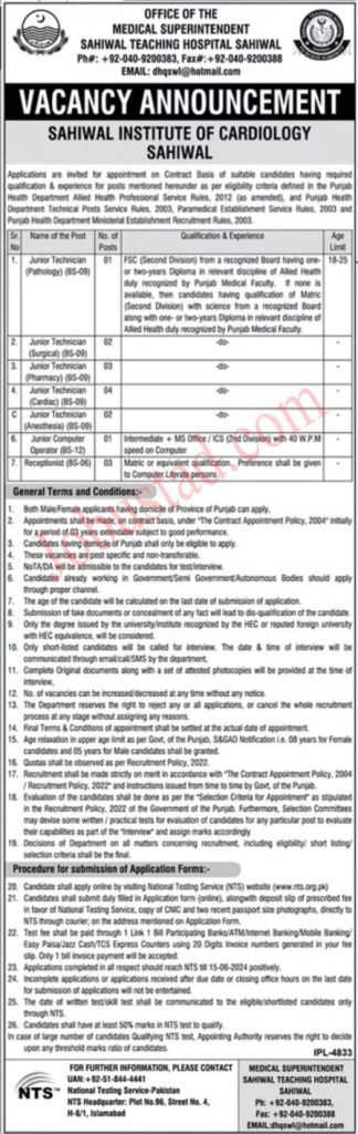 Latest Sahiwal Institute of Cardialogy Jobs June 2024