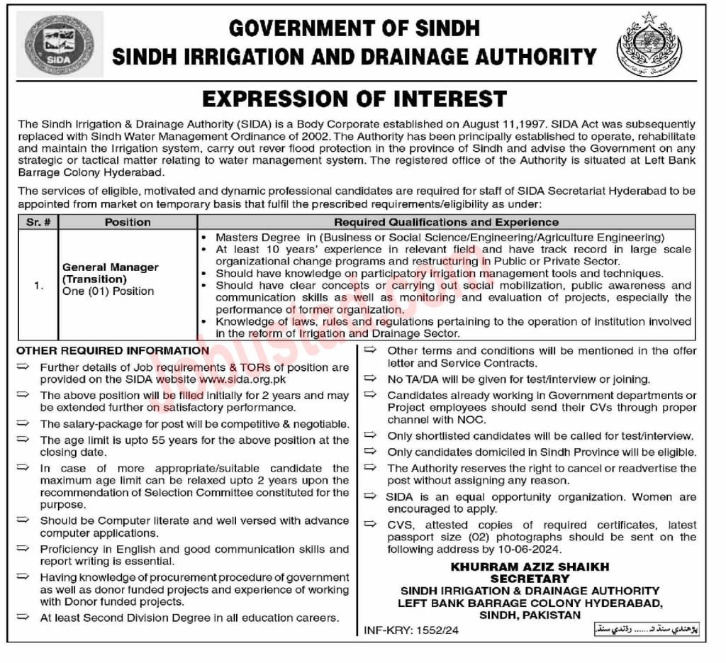 Latest Sindh Irrigation & Drainaged Authority Jobs In Karachi May 2024 