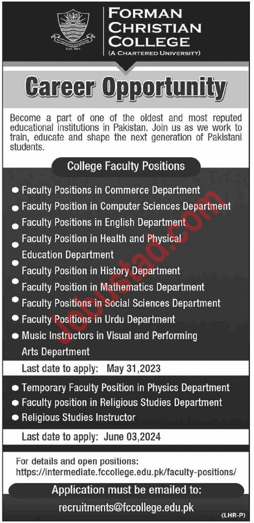Lecturers Jobs in Forman Christian College Lahore May 2024