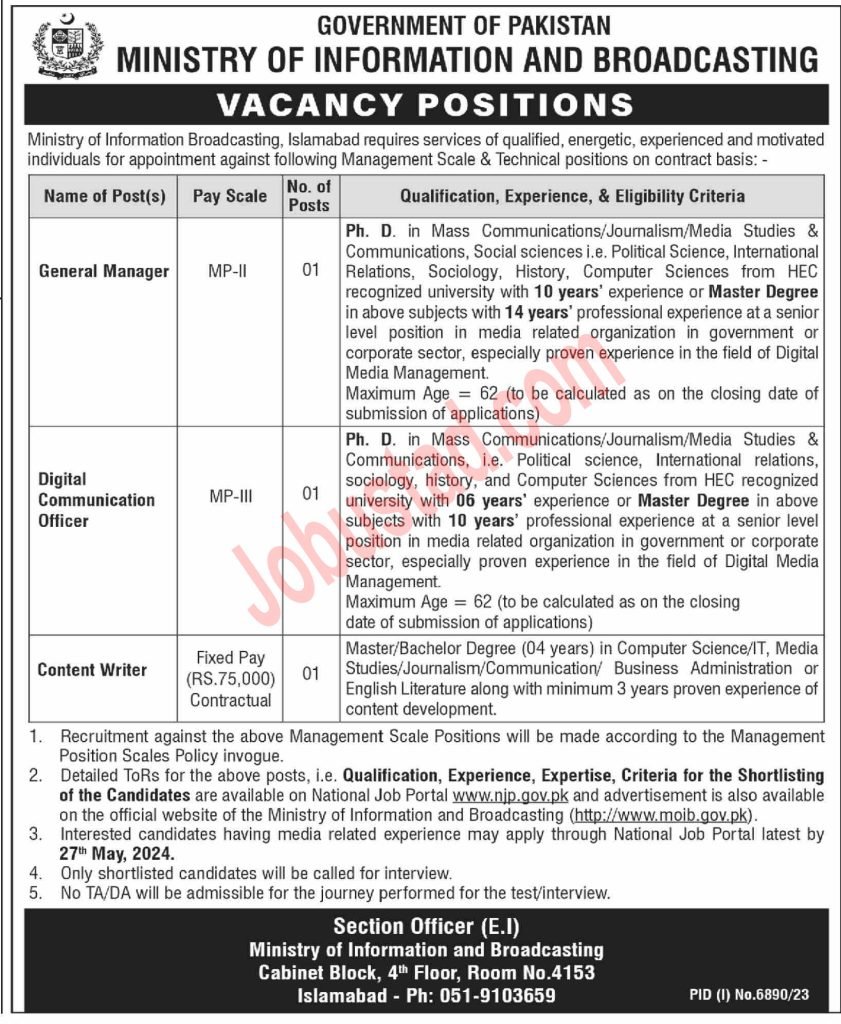 New MOIB Jobs in Islamabad May 2024