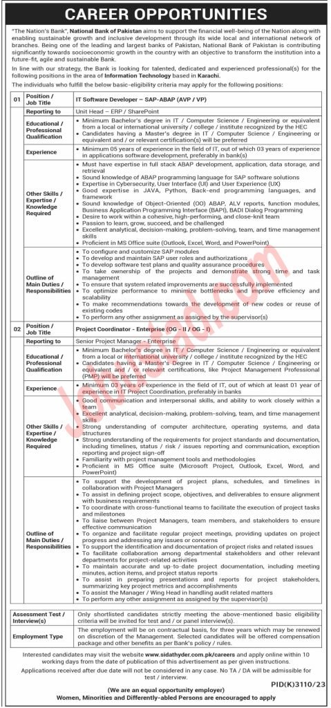 New NBP National Bank of Pakistan Jobs in Karachi May 2024 