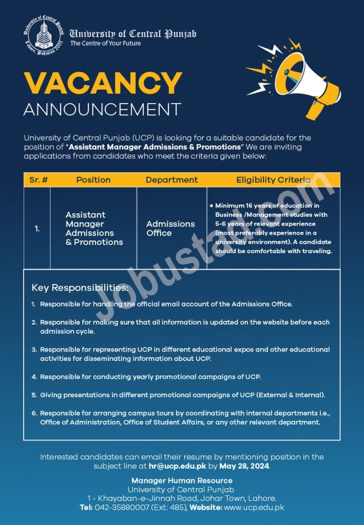 New University of Central Punjab UCP Jobs in Lahore May 2024