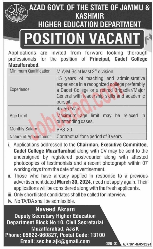 Today Principal Jobs in Muzaffarabad May 2024 
