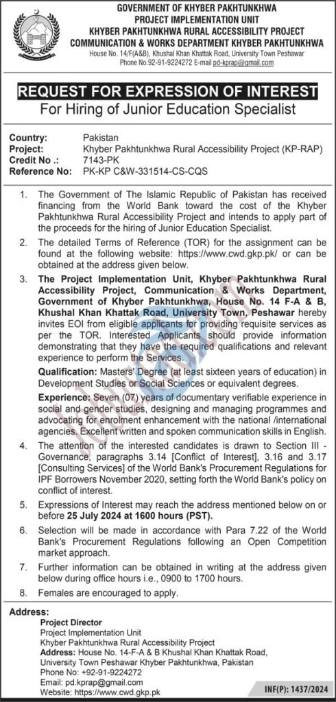 Latest Communication & Works Department KPK Jobs in Peshawar June 2024 
