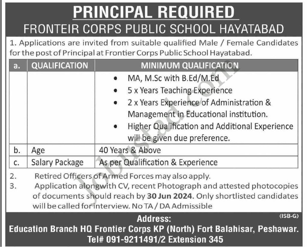 Latest Frontier Corps Public School Jobs in Peshawar June 2024