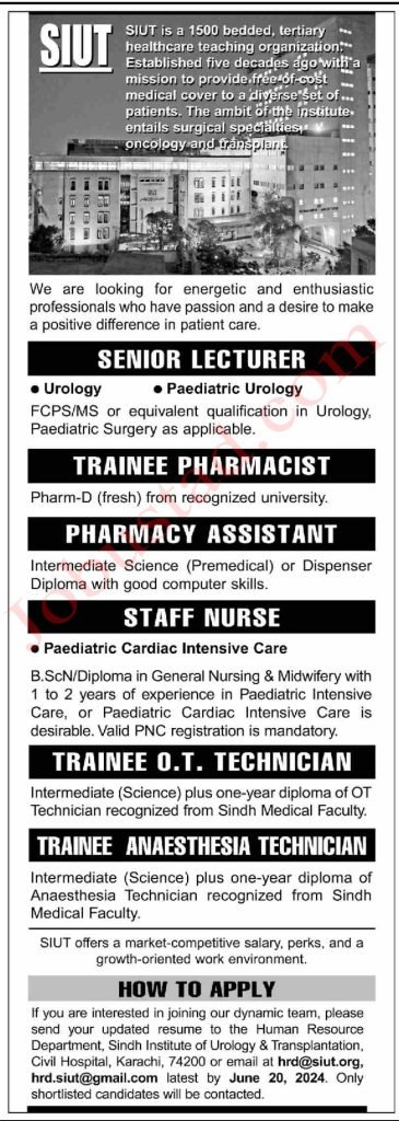 Jobs in Sindh Institute of Urology and Transplantation Karachi June 2024