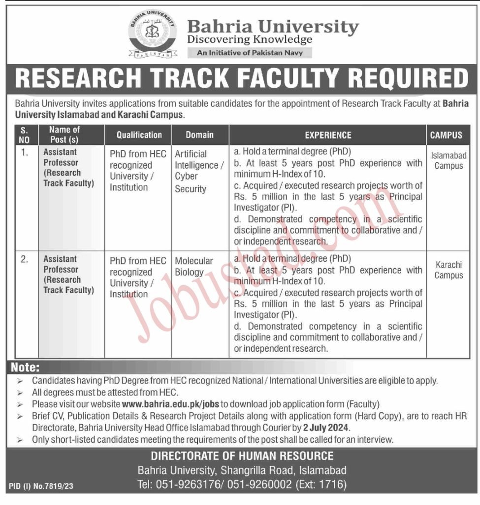 Latest Bahria University Jobs in Islamabad Campus June 2024