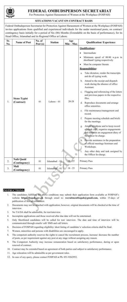 Latest Federal Ombudsperson Secretariat FOSPAH Jobs in Islamabad June 2024 