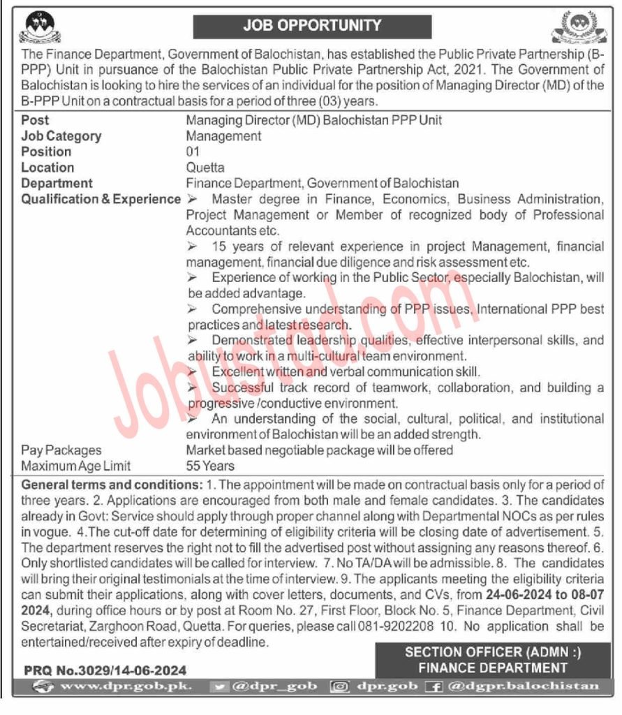 Latest Finance Department Balochistan Jobs in Quetta June 2024