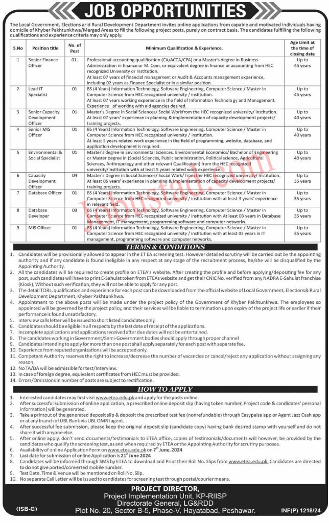Latest Local Govt & Rural Development Department KPK Jobs in Peshawar June 2024