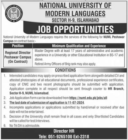 Latest NUML Jobs in Peshawar Campus July 2024