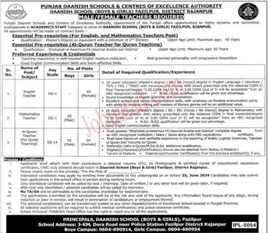 Latest Punjab Daanish School Jobs in Rajanpur June 2024