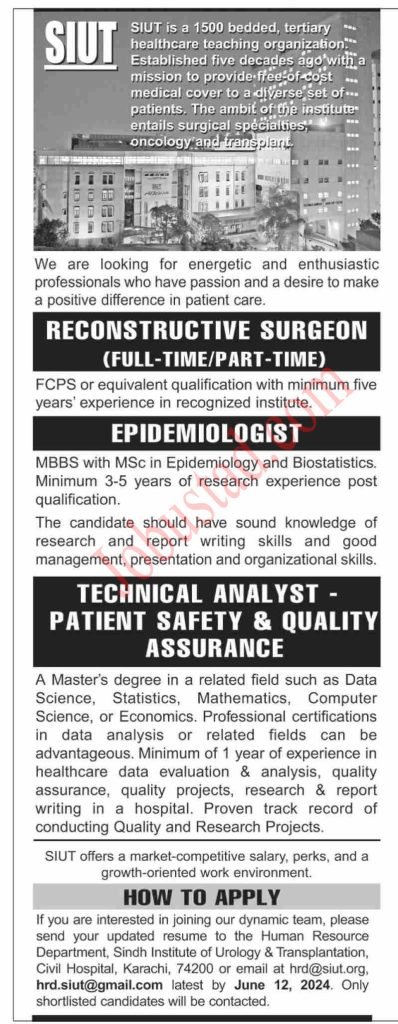 New Sindh Institute of Urology and Transplantation Jobs in Karachi June 2024 