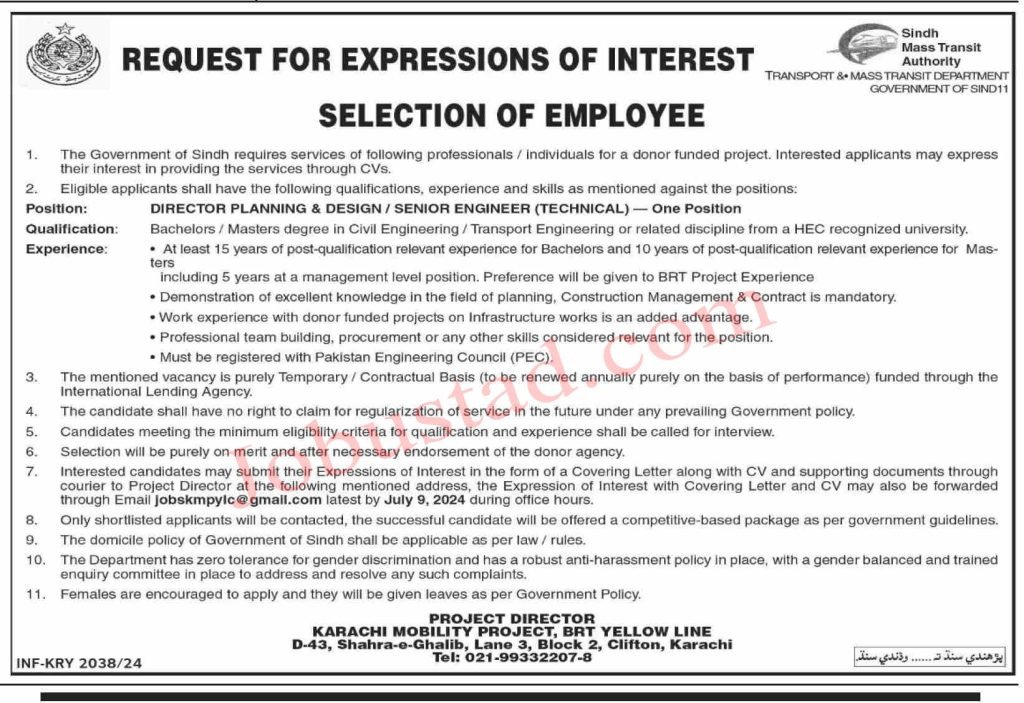 New Sindh Mass Transit Authority Jobs in Karachi June 2024 