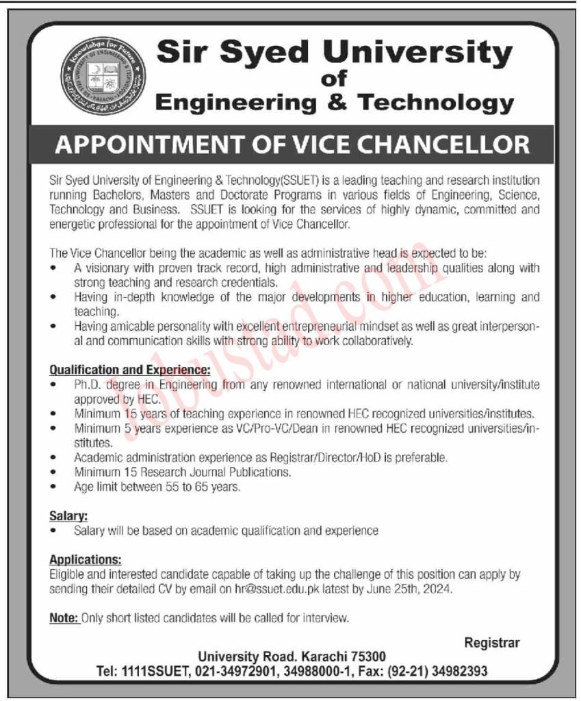 Sir Syed University of Engineering and Technology Jobs in Karachi June 2024 