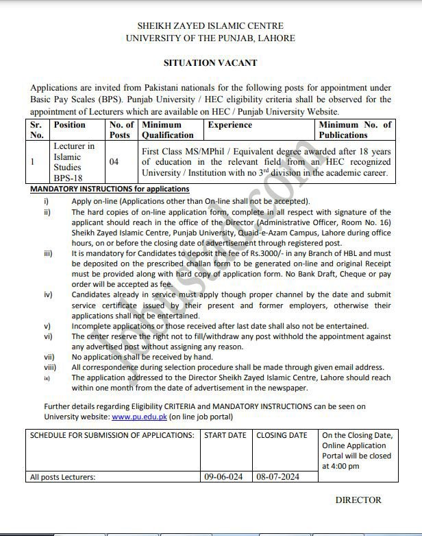 Sheikh Zayed Islamic Centre Jobs in PU Lahore June 2024