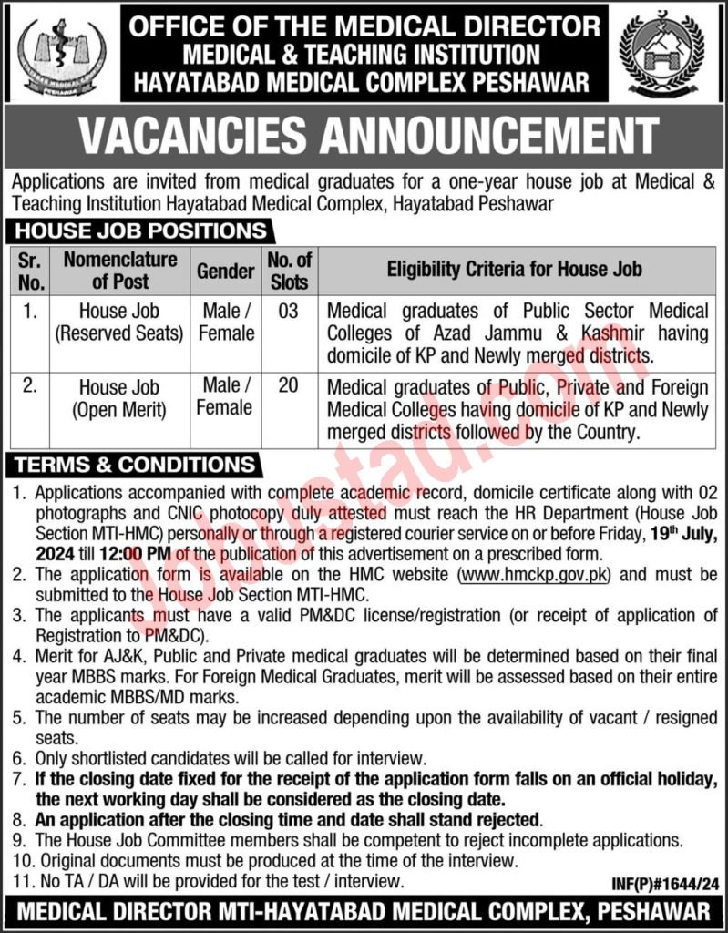 Latest Hayatabad Medical Complex Jobs in Peshawar July 2024