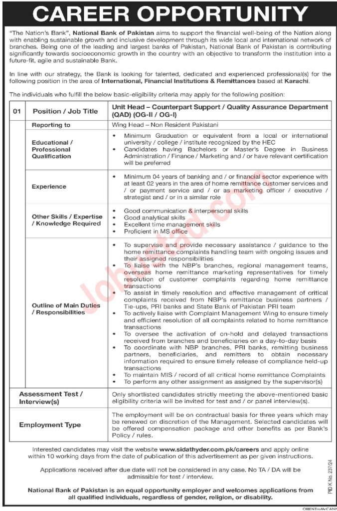 Latest NBP Jobs in Karachi August 2024