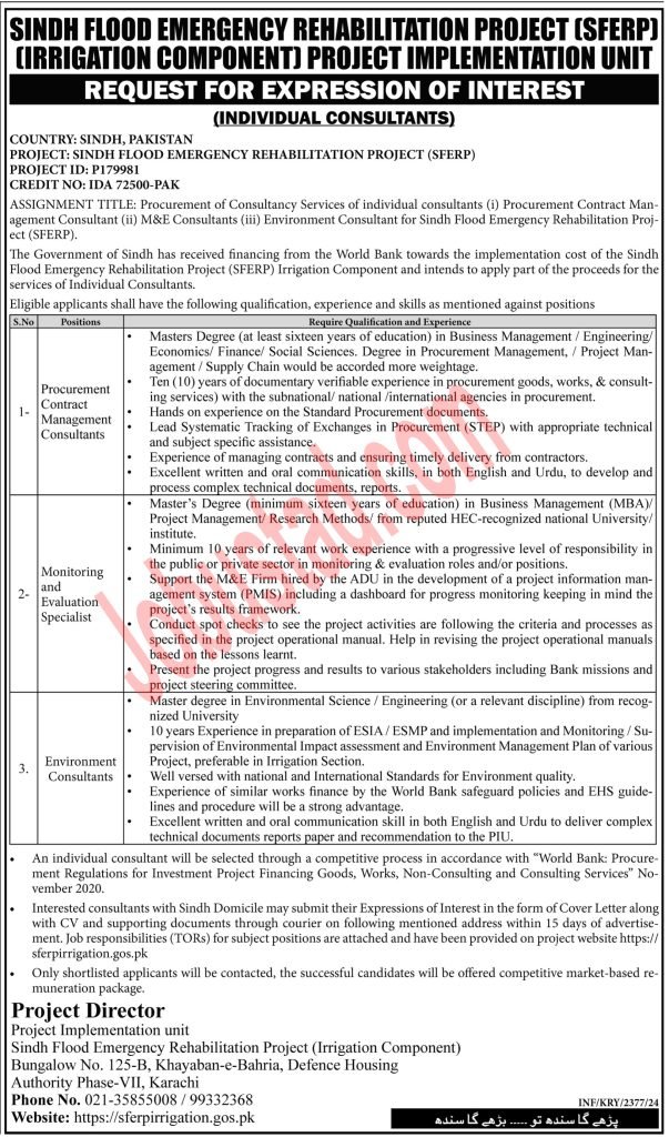 Sindh Flood Emergency Rehabilitation Project Jobs in Karachi August 2024 