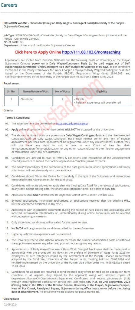 Latest Chowkidar Jobs in Gujranwala August 2024