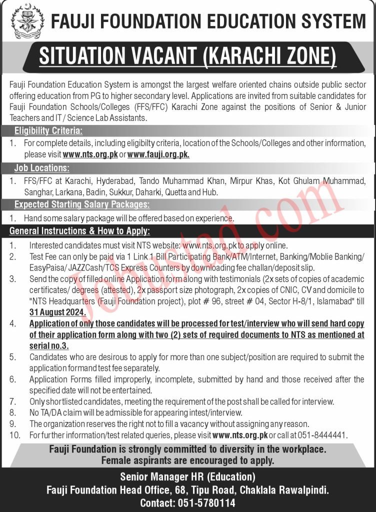 Fauji Foundation Education System Jobs in Rawalpindi August 2024