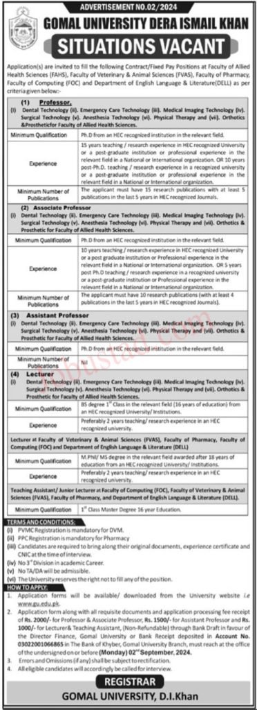 Gomal University Jobs Opportunities  in DI Khan August 2024