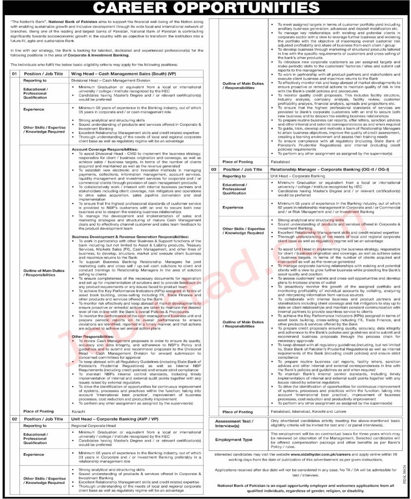 Latest National Bank of Pakistan Jobs in Faisalabad August 2024