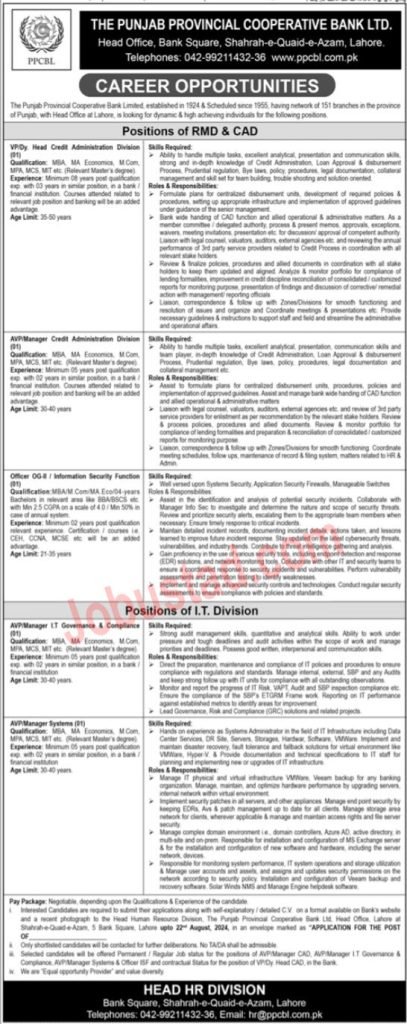 Latest Punjab Provincial Corporative Bank Jobs in Lahore August 2024 