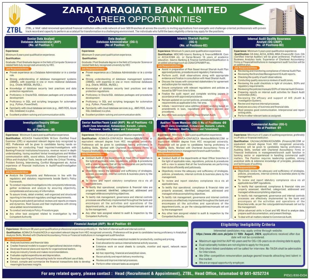 Latest ZTBL Jobs in Islamabad August 2024