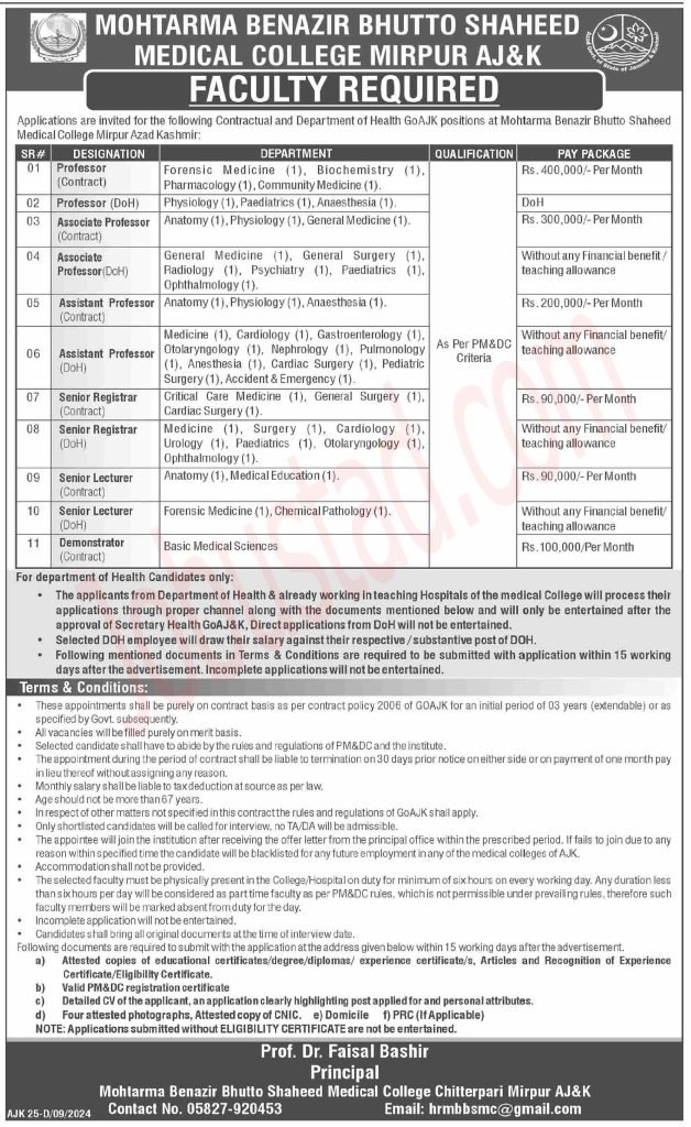 Benazir Bhutto Medical College Jobs in Mirpur September 2024
