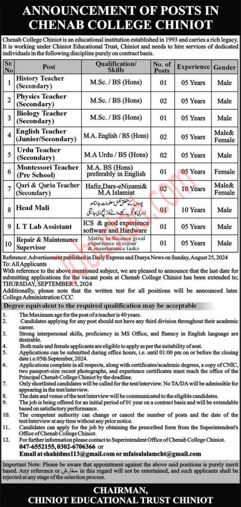 Chenab College Jobs in Chinniot September 2024