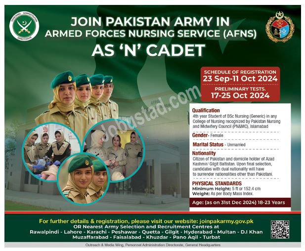 Join Pakistan Army as N Cadet through Armed Forces Nursing Service AFNS September 2024