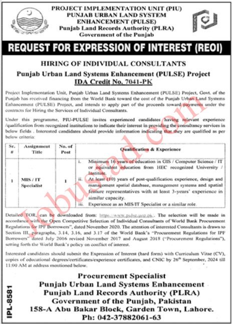 Latest Punjab Land Record Authority Jobs in Lahore September 2024