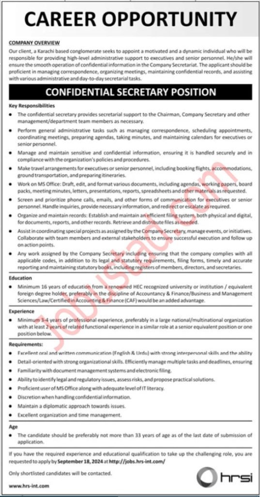Latest Secretary Jobs in Karachi September 2024 